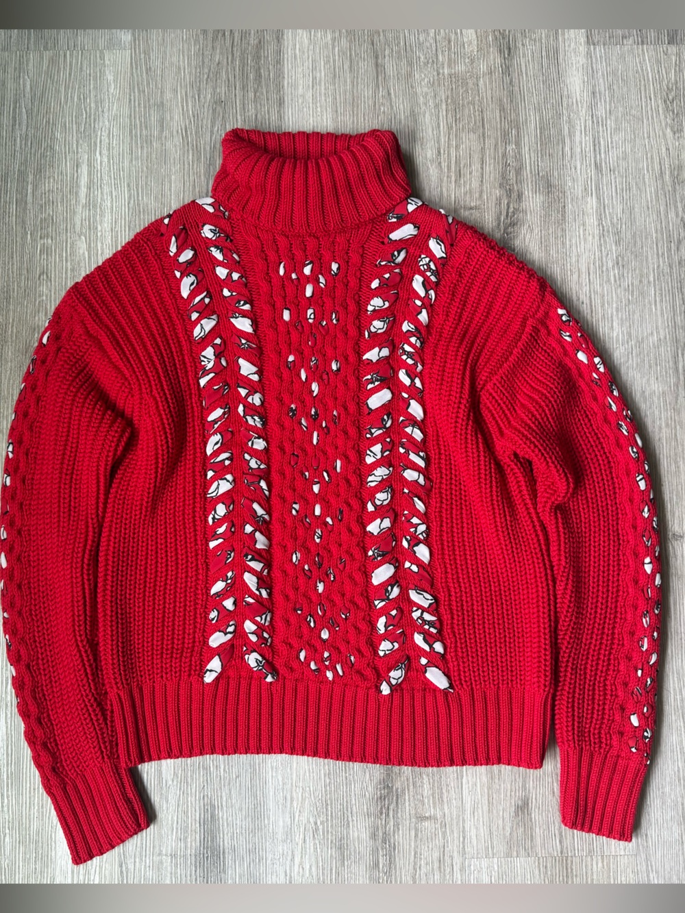 Jil Sander Red Open Knit Wool Turtleneck Sweater